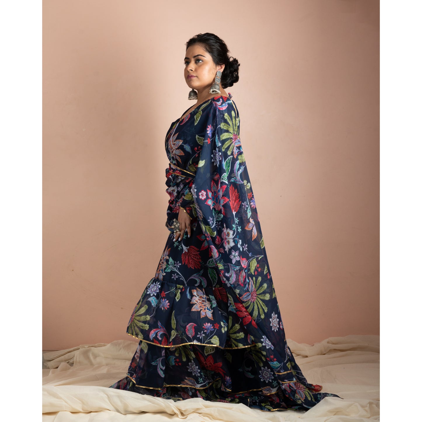 Mavi Ruffle Saree | Floral Print Frill Saree