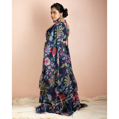 Mavi Ruffle Saree | Floral Print Frill Saree